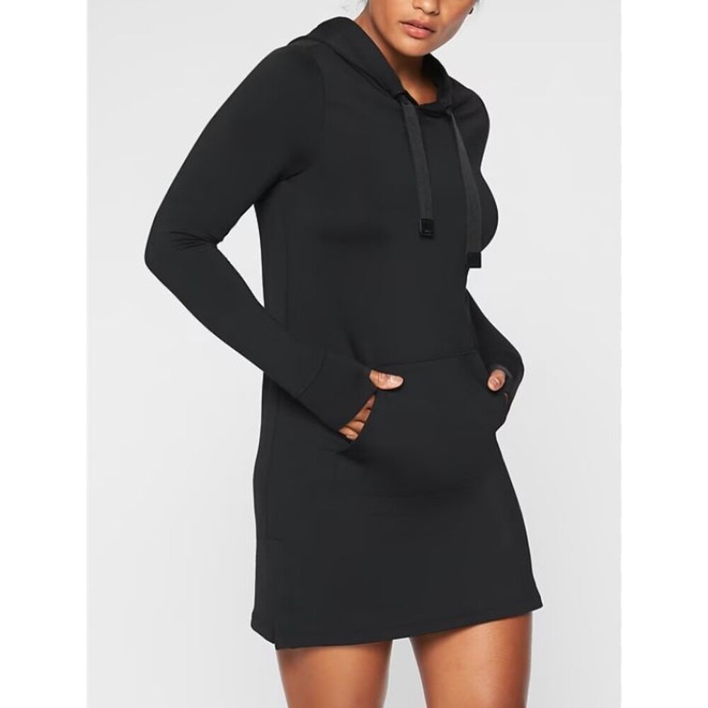 Athleta Womens Sweatshirt Dress Surrey Hills Black Pullover Small Hooded Pockets